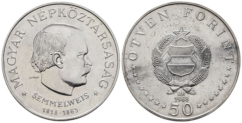 Ungheria. 50 Fiorini 1968. per gli 150 Anni dalla Nascita di Semmelweis. Km 582; Ag; 20gr