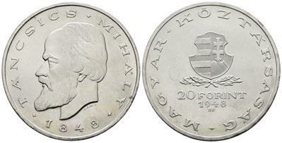 Ungheria. 20 Fiorini 1948. per gli 100 Anni della Rivoluzione Ungherese. Km 539; Ag; 28gr