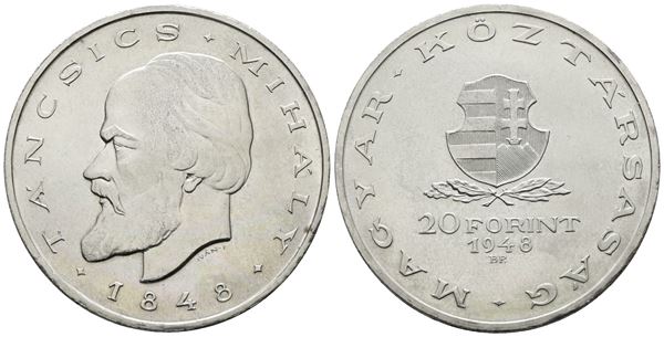 UNGHERIA. 20 fiorini 1948. Per gli 100 anni della rivoluzione ungherese. KM 539; Ag; 28gr