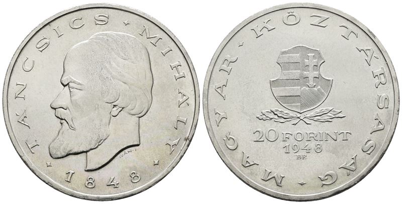 Ungheria. 20 Fiorini 1948. per gli 100 Anni della Rivoluzione Ungherese. Km 539; Ag; 28gr