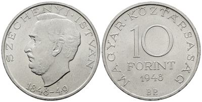 Ungheria. 10 Fiorini 1948. per gli 100 Anni della Rivoluzione Ungherese. Km 538; Ag; 20gr Fdc