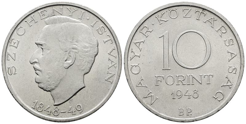 Ungheria. 10 Fiorini 1948. per gli 100 Anni della Rivoluzione Ungherese. Km 538; Ag; 20gr
