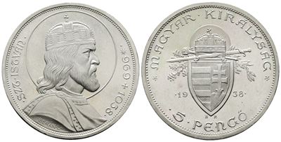 Ungheria. 5 Pengo 1938. per i 900 Anni dalla Morte di Stefano i D'ungheria. Km 516; Ag; 25gr Fdc