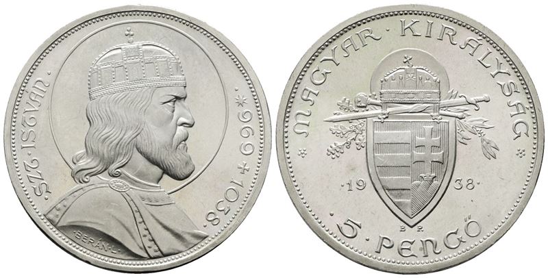 Ungheria. 5 Pengo 1938. per i 900 Anni dalla Morte di Stefano i D'ungheria. Km 516; Ag; 25gr Fdc