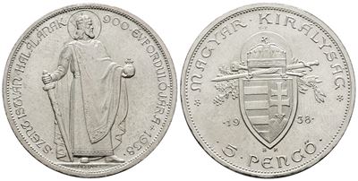 Ungheria. 5 Pengo 1938. per i 900 Anni dalla Morte di Stefano i D'ungheria. Km X-pn 13.1; Ag; 25g...