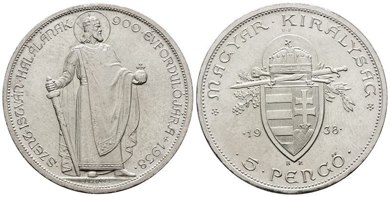 Ungheria. 5 Pengo 1938. per i 900 Anni dalla Morte di Stefano i D'ungheria. Km X-pn 13.1; Ag; 25g...