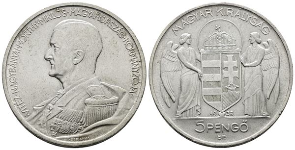 UNGHERIA. Nikolas Horty  5 pengo 1939. KM 517; Ag; 25gr