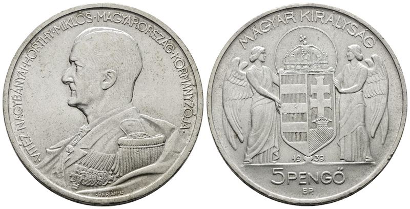 UNGHERIA. Nikolas Horty 5 pengo 1939. KM 517; Ag; 25gr