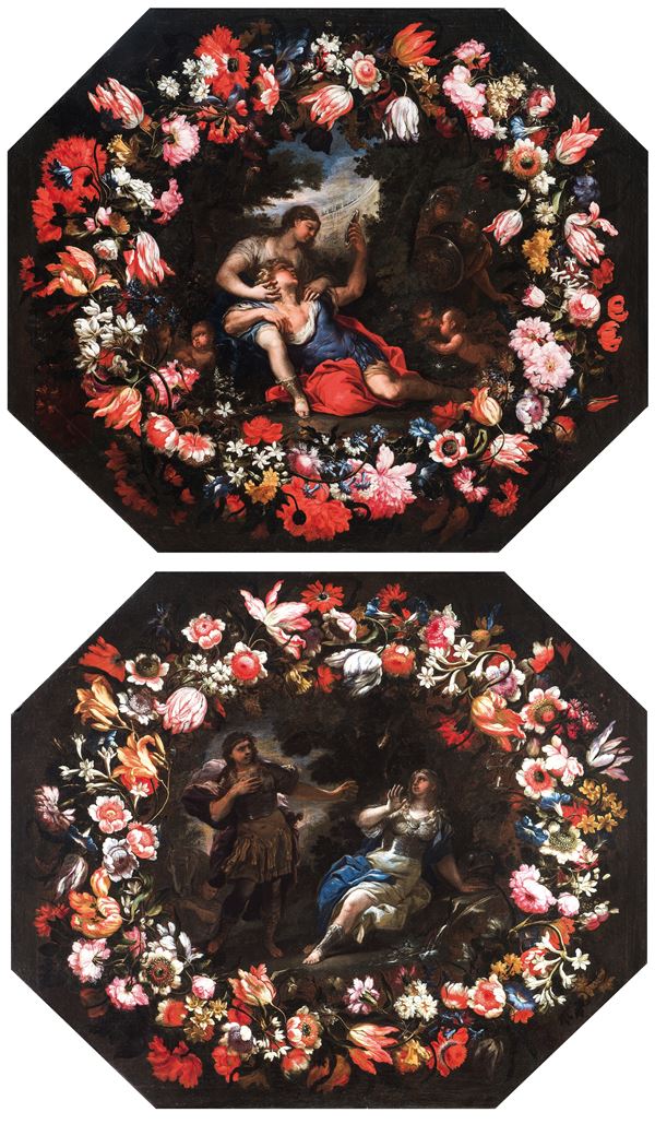 Luca Giordano,Abraham  Brueghel - a) Garland of flowers with idyll between Rinaldo and Armida; b) Garland of flowers with Rinaldo abandoning Armida. Pair of paintings