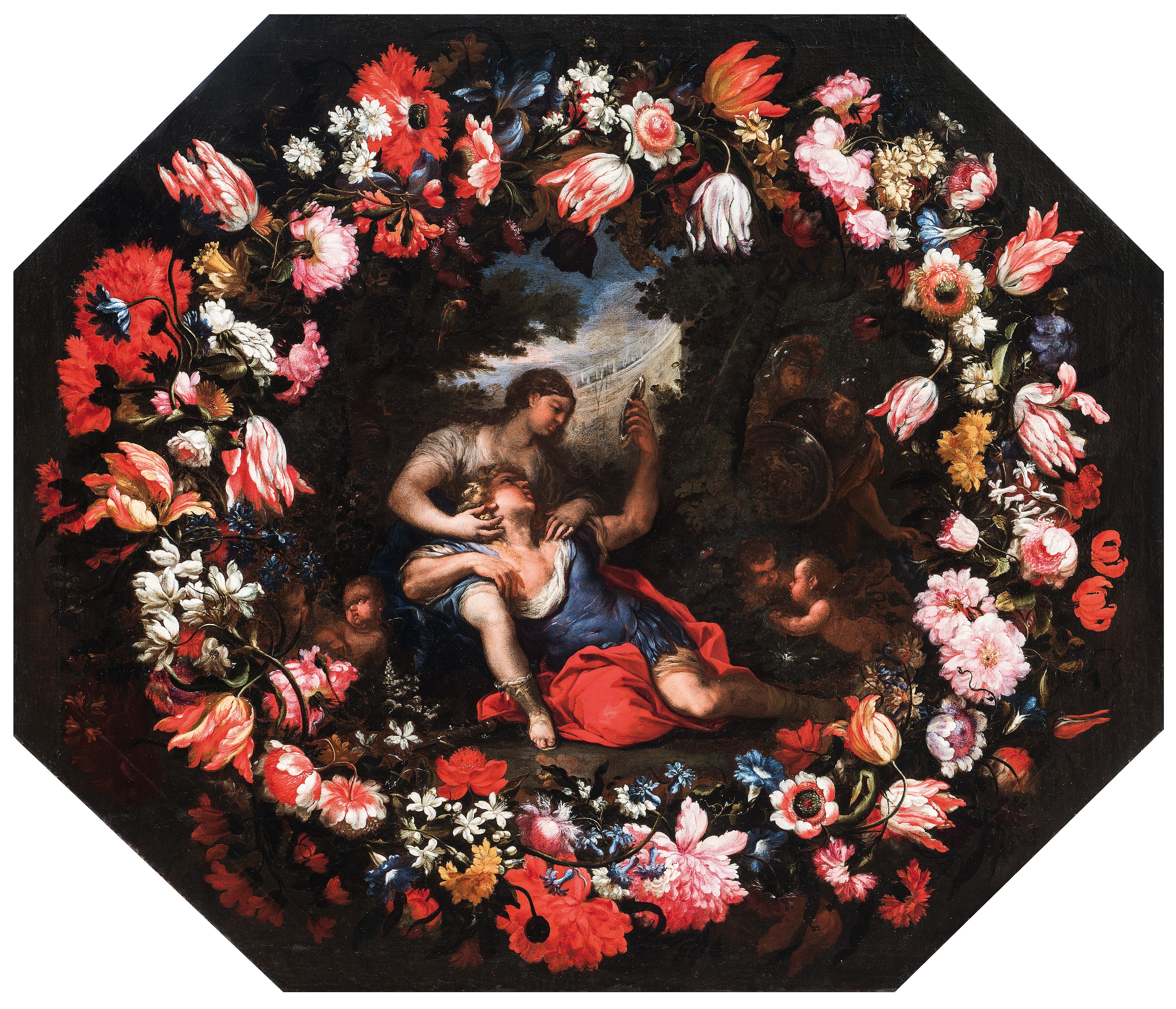 a) Ghirlanda di fiori con idillio tra Rinaldo e Armida; b) Ghirlanda di fiori con Rinaldo abbando...