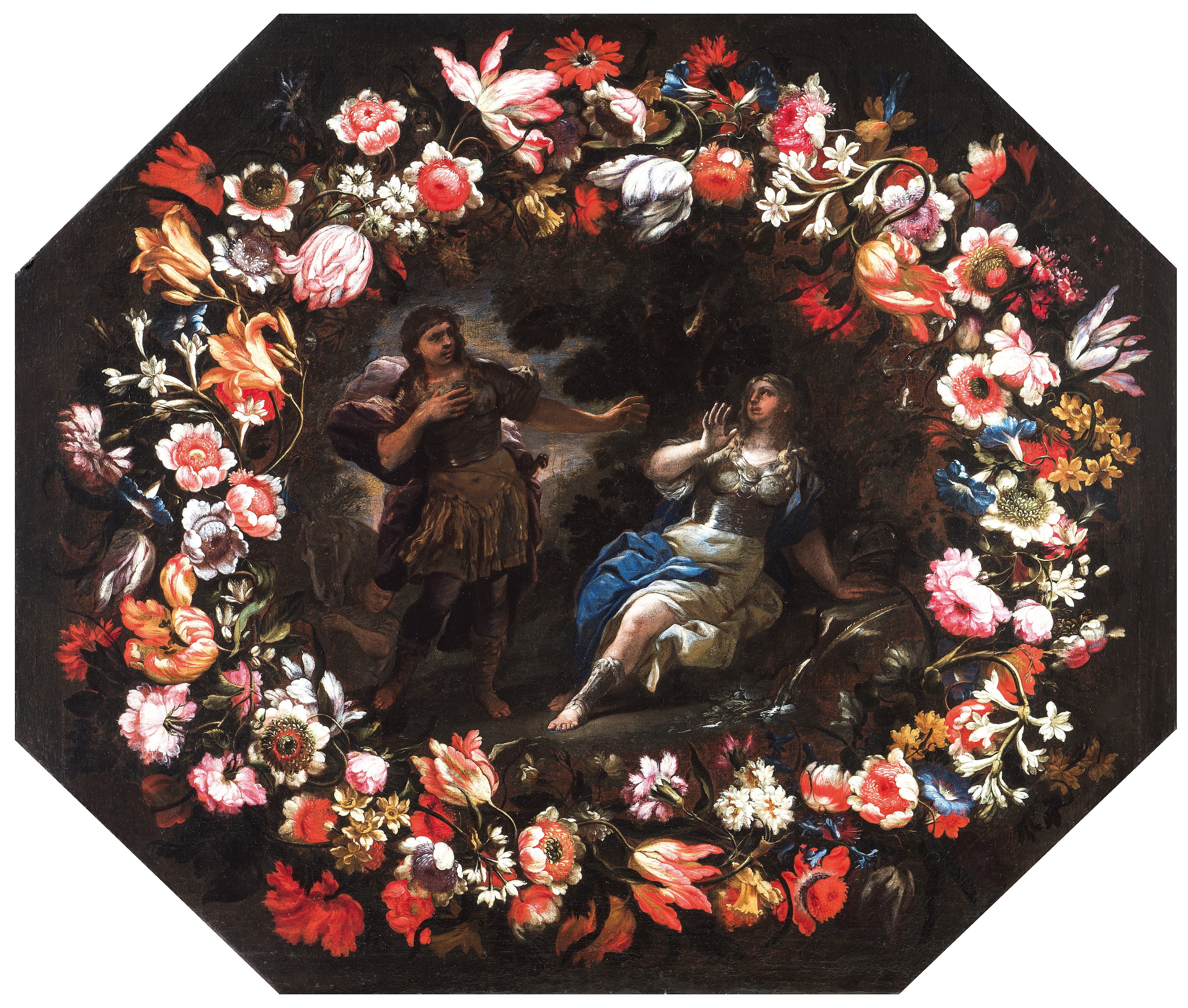 a) Ghirlanda di fiori con idillio tra Rinaldo e Armida; b) Ghirlanda di fiori con Rinaldo abbando...