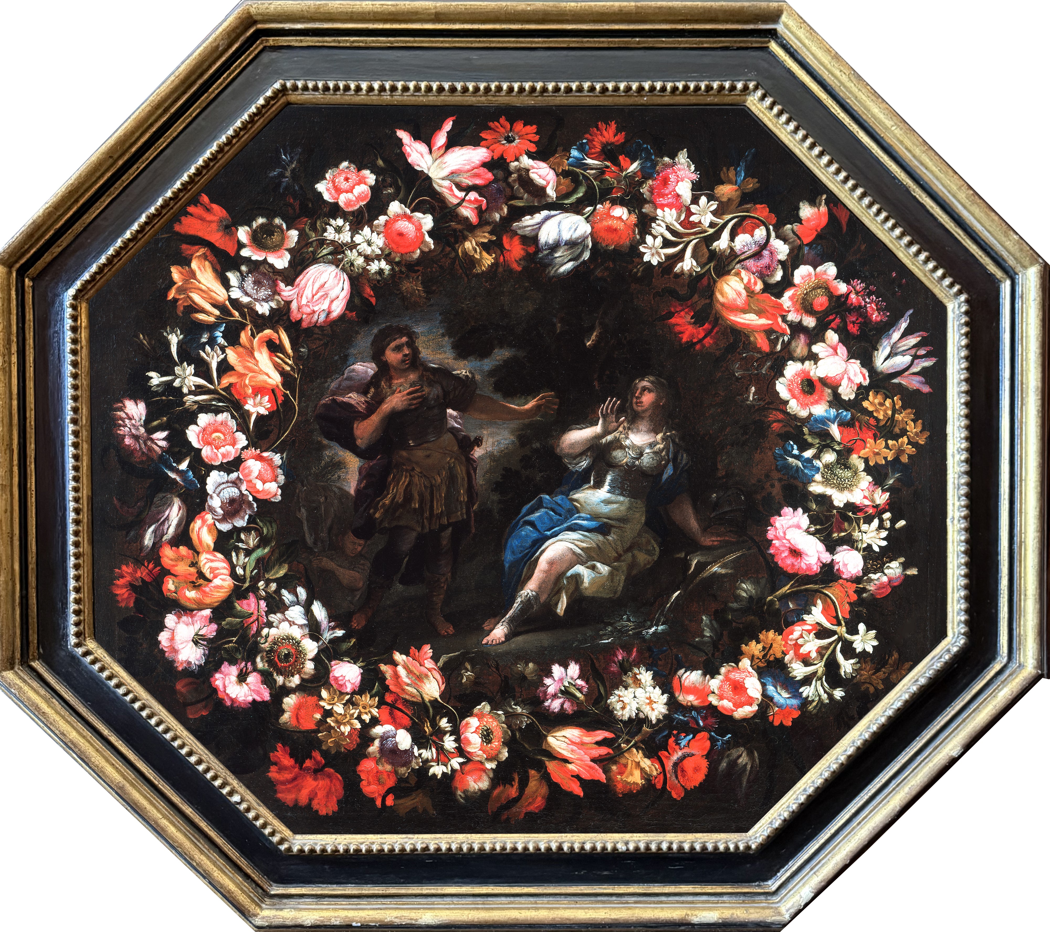 a) Ghirlanda di fiori con idillio tra Rinaldo e Armida; b) Ghirlanda di fiori con Rinaldo abbando...