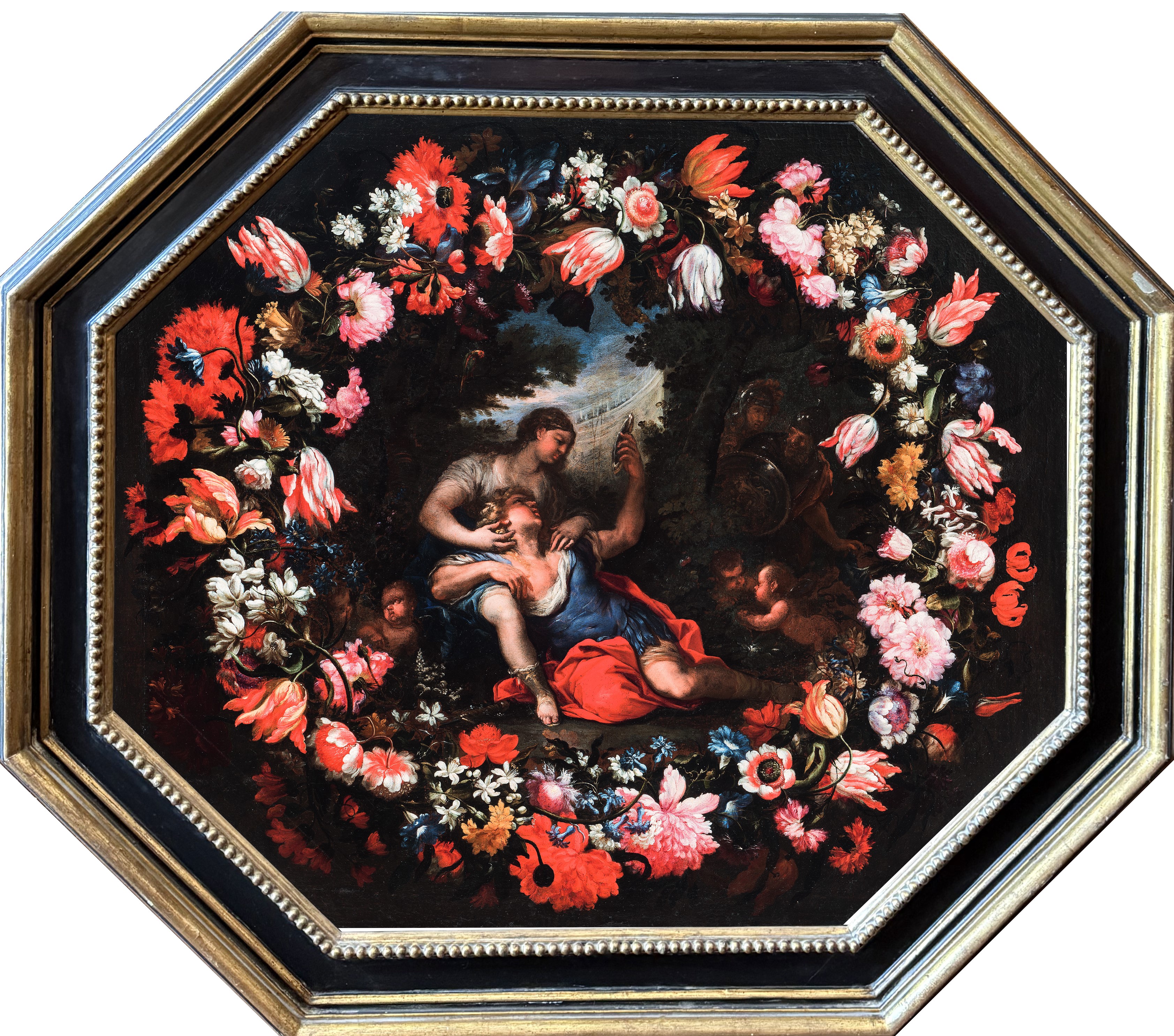 a) Ghirlanda di fiori con idillio tra Rinaldo e Armida; b) Ghirlanda di fiori con Rinaldo abbando...