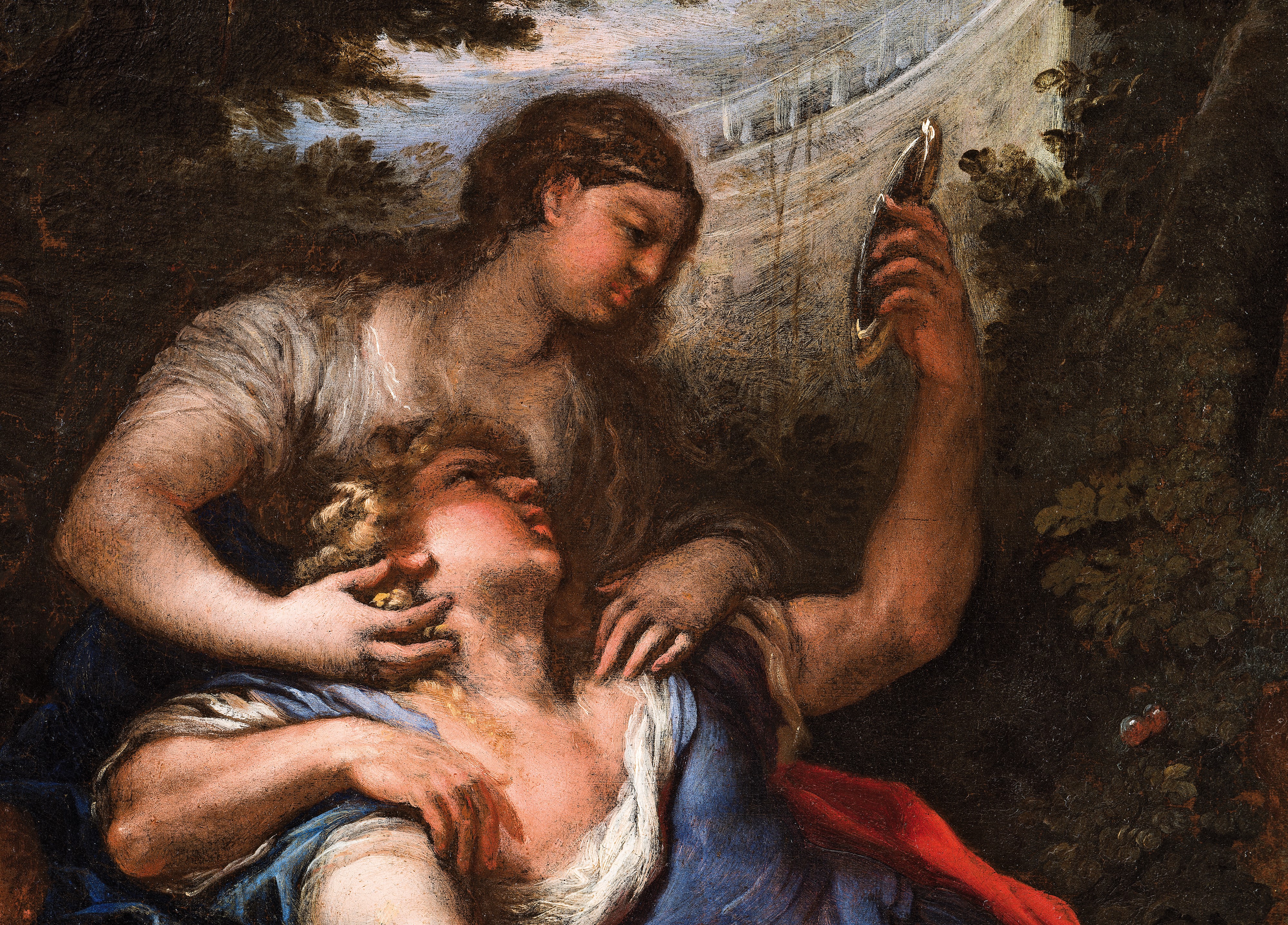 a) Ghirlanda di fiori con idillio tra Rinaldo e Armida; b) Ghirlanda di fiori con Rinaldo abbando...