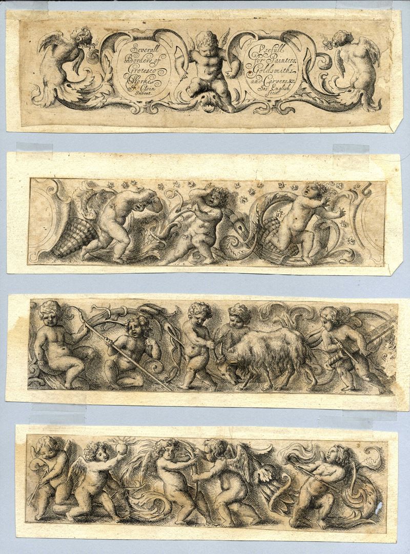 Severall borders of Grotesco works usefull for painters, goldsmiths and carvers & C. –