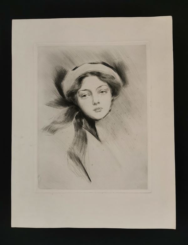 Ritratto femminile con cappello, Autore francese, metà sec. XIX