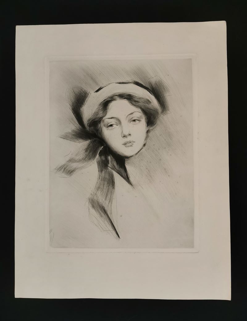 Ritratto Femminile con Cappello, Autore Francese, Metà Sec. XIX