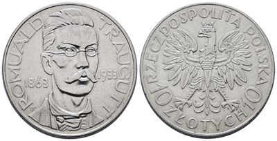 Polonia. 10 Zlotych 1933. Romual Raugutt (1863-1933). Y 24; Ag; 22gr. Rara.