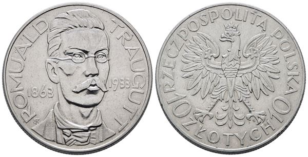 POLONIA. 10 zlotych 1933. Romual Raugutt (1863-1933). Y 24; Ag; 22gr. Rara.