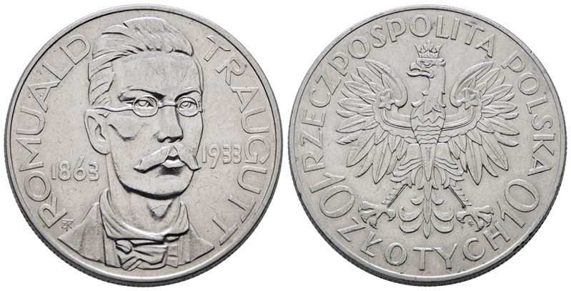 Polonia. 10 Zlotych 1933. Romual Raugutt (1863-1933). Y 24; Ag; 22gr. Rara.