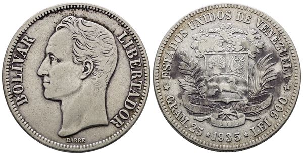 VENEZUELA. 5 bolivar 1935. Ag; 25gr