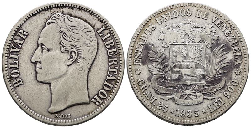 Venezuela. 5 Bolivar 1935. Ag; 25gr
