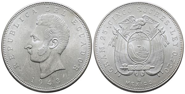 ECUADOR. 5 sucres 1943. KM 79; Ag; 25gr