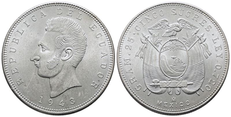 ECUADOR. 5 sucres 1943. KM 79; Ag; 25gr. qFDC