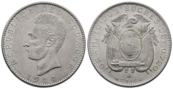 ECUADOR. 2 sucres 1944. KM 80; Ag; 10gr