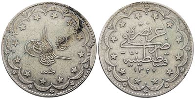 Turchia. Mehmed V (1909-1918). 20 Kurush 1327 (1909). (9 al Dritto).