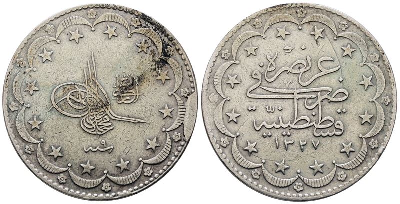 Turchia. Mehmed V (1909-1918). 20 Kurush 1327 (1909). (9 al Dritto).