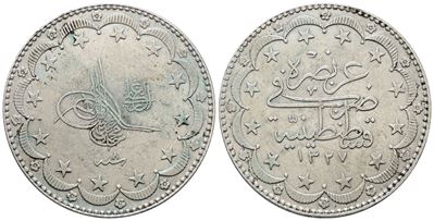 Turchia. Mehmed V (1909-1918). 20 Kurush 1327 (1909). (8 al Dritto). Rara.