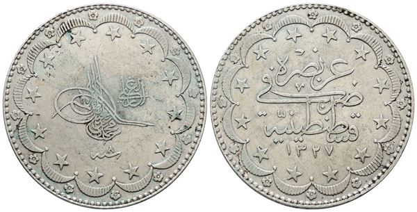 TURCHIA. Mehmed V (1909-1918). 20 kurush 1327 (1909). (8 al dritto). Rara.