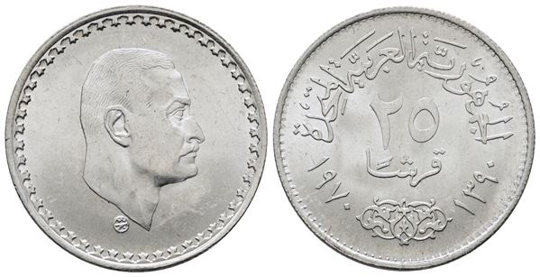 EGITTO. 25 piastre 1970. Morte di Nasser. KM 422; Ag; 6gr