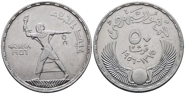EGITTO. 50 piastre 1956. Evacuazione delle truppe inglesi. KM 386; Ag; 28gr