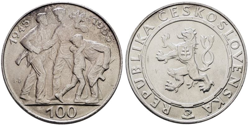 Cecoslovacchia. 100 Corone 1955. per i 10 Anni dalla Liberazione dalla Germania. Km 45; Ag; 24gr