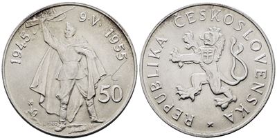 Cecoslovacchia. 50 Corone 1955. per i 10 Anni dalla Liberazione dalla Germania. Km 44; Ag; 20gr