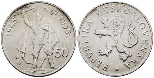 CECOSLOVACCHIA. 50 corone 1955. Per i 10 anni dalla liberazione dalla Germania. KM 44; Ag; 20gr