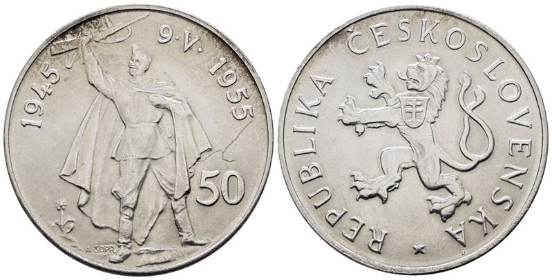 Cecoslovacchia. 50 Corone 1955. per i 10 Anni dalla Liberazione dalla Germania. Km 44; Ag; 20gr