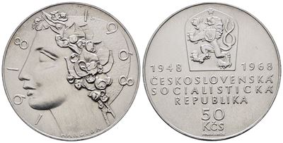 Cecoslovacchia. 50 Corone 1968. per L'indipendenza. Km 65; Ag; 20gr