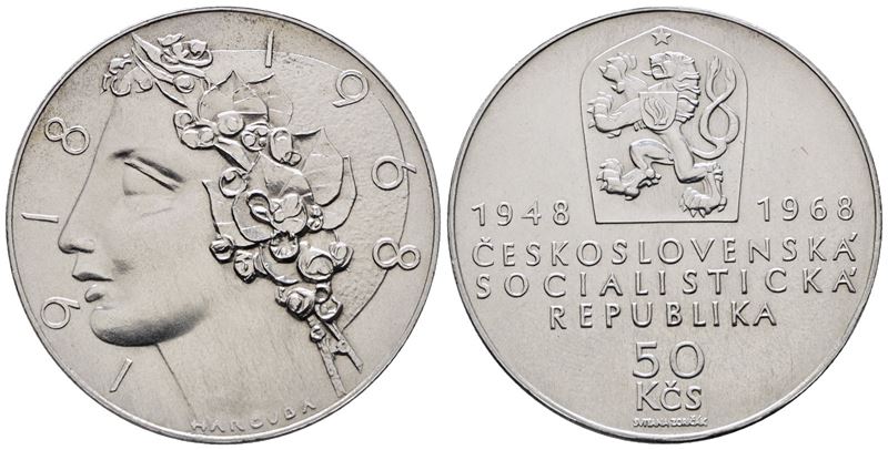 Cecoslovacchia. 50 Corone 1968. per L'indipendenza. Km 65; Ag; 20gr