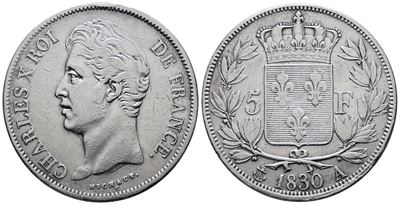 Francia. Parigi. Carlo X (1824-1830). 5 Franchi 1830. "a". Km 735; Ag; 25gr