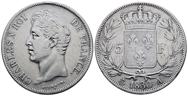 FRANCIA. PARIGI. Carlo X (1824-1830). 5 franchi 1830. "A". KM 735; Ag; 25gr