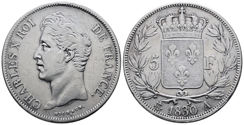 Francia. Parigi. Carlo X (1824-1830). 5 Franchi 1830. "a". Km 735; Ag; 25gr