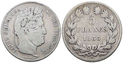 Francia. Rouen. Luigi Filippo (1830-1848). 5 Franchi 1833. "b". Km 749; Ag; 25gr