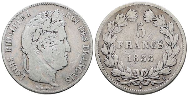 FRANCIA. ROUEN. Luigi Filippo (1830-1848). 5 franchi 1833. "B". KM 749; Ag; 25gr