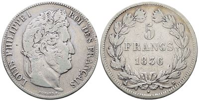 Francia. Rouen. Luigi Filippo (1830-1848). 5 Franchi 1836. "b". Km 749; Ag; 25gr