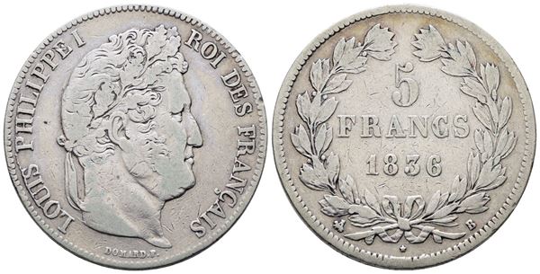 FRANCIA. ROUEN. Luigi Filippo (1830-1848). 5 franchi 1836. "B". KM 749; Ag; 25gr