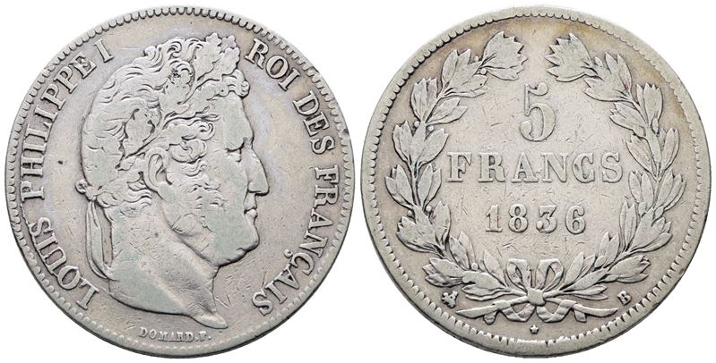 Francia. Rouen. Luigi Filippo (1830-1848). 5 Franchi 1836. "b". Km 749; Ag; 25gr