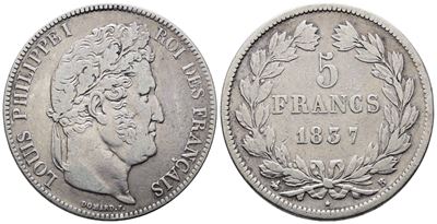 Francia. Rouen. Luigi Filippo (1830-1848). 5 Franchi 1837. "b". Km 749; Ag; 25gr